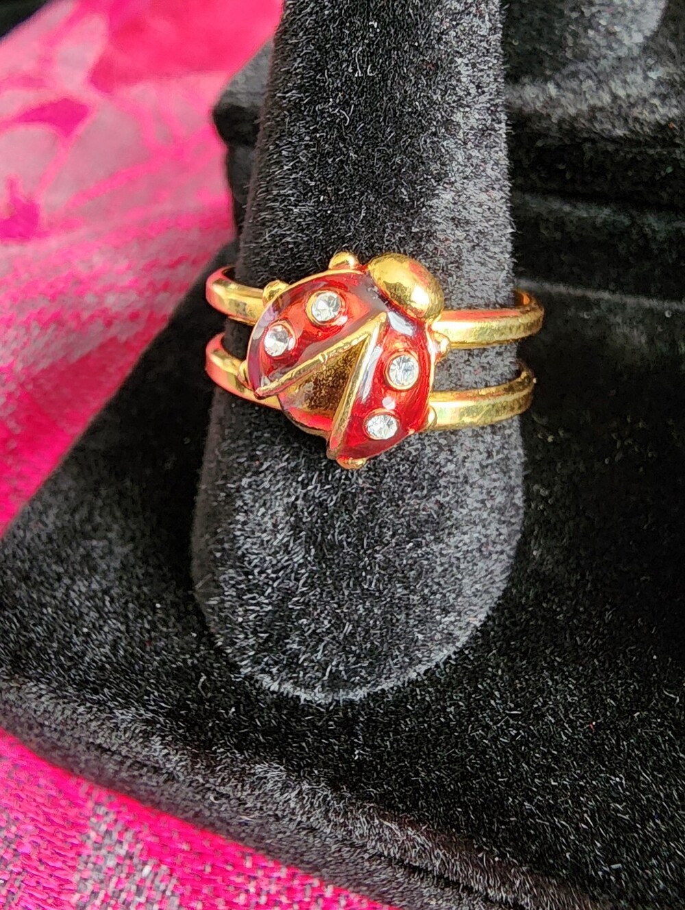 Red Enamel & Gold Tone Double Band Ladybug Ring with Rhinestones